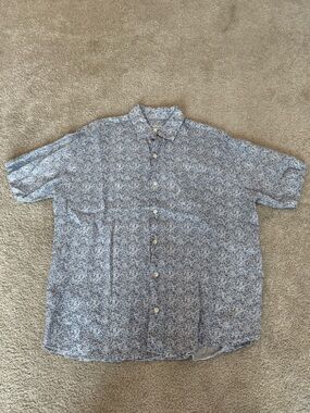 Peter Millar Linen Blue Floral-Print Short Sleeve Button-Down Shirt